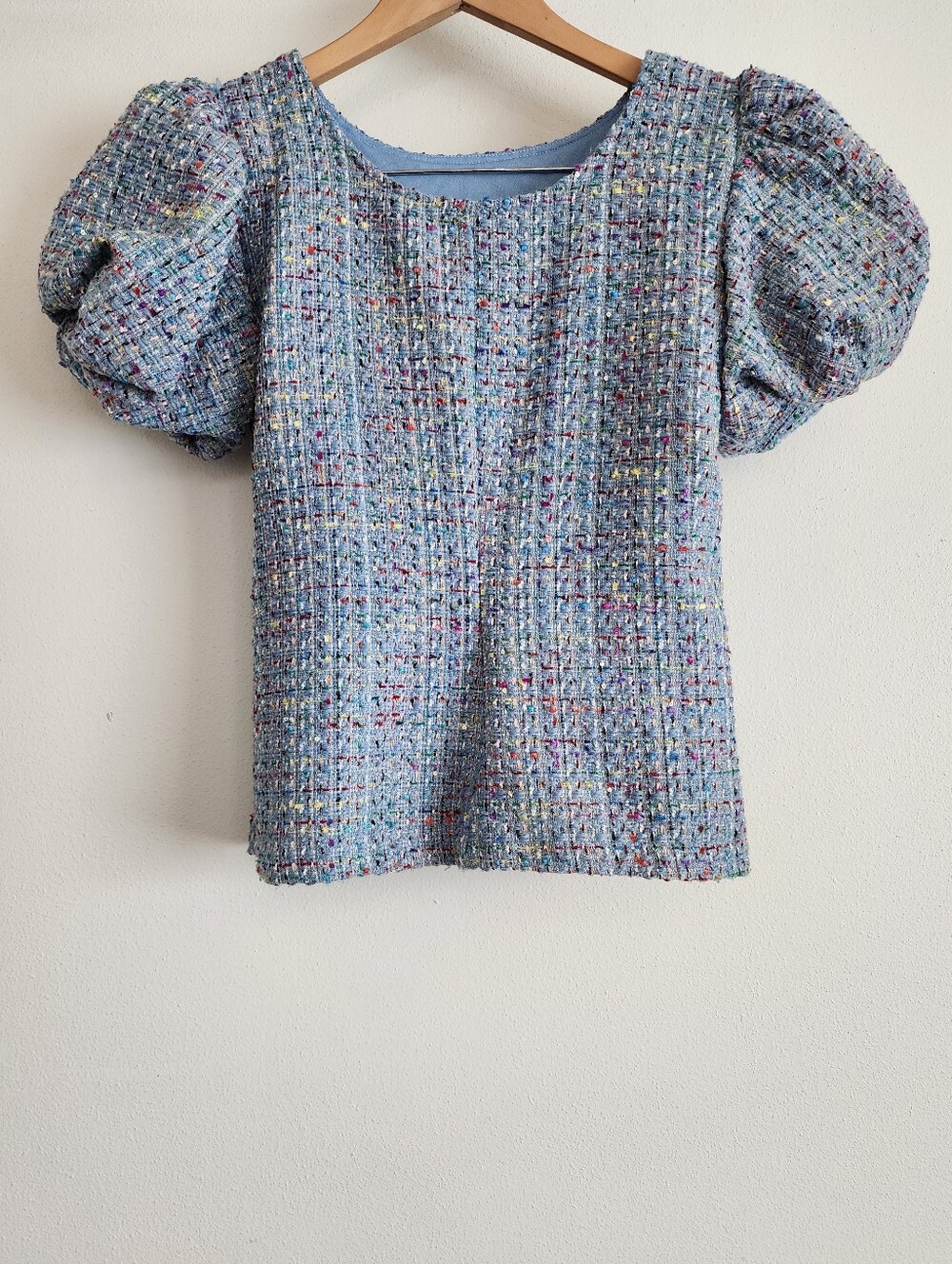 Ivy City Co. Tweed Multicolor Puff Sleeve Blouse Textured Short Sleeve Top XS - Picture 6 of 15